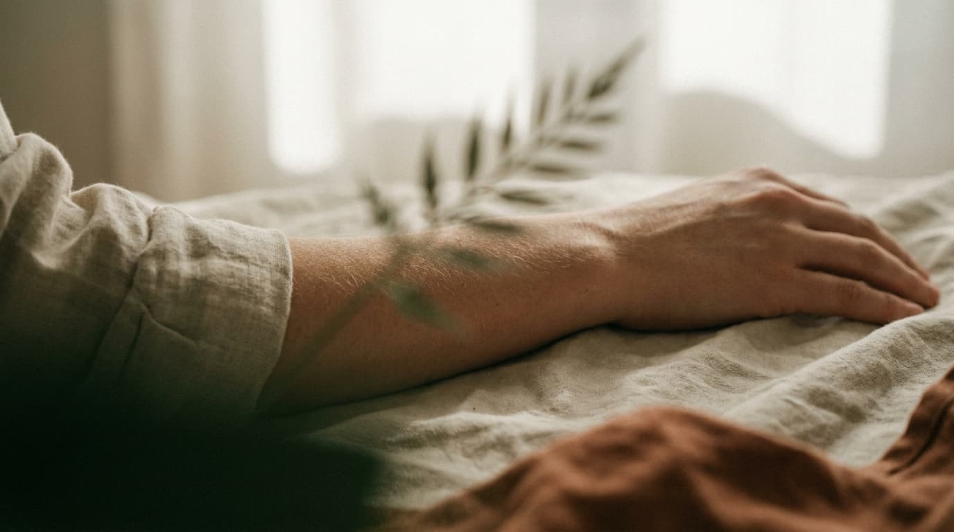 Ruhige, gesunde Haut im warmen Morgenlicht mit Blattschatten