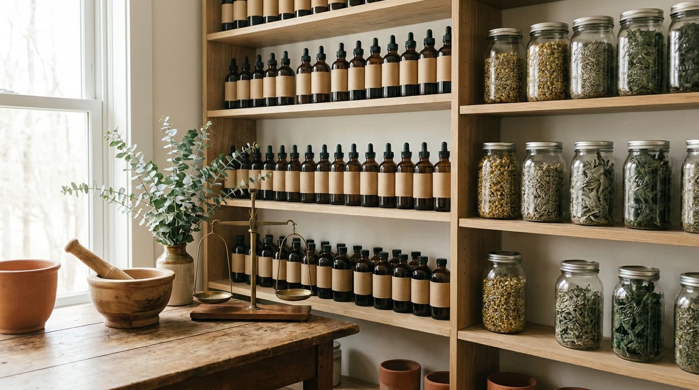 Naturheilkundliche Apotheke mit Tinkturen, Kräutergläsern und Mörser