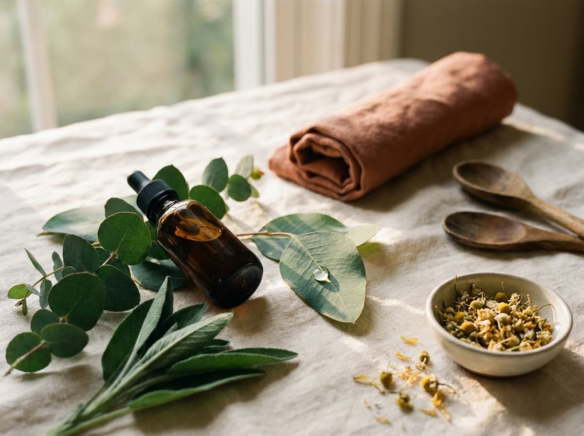 Botanische Stillleben-Anordnung mit Eukalyptus, Salbei und Tinktur