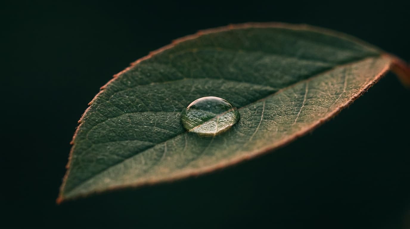 Ein grünes Blatt mit einem Wassertropfen im warmen Licht