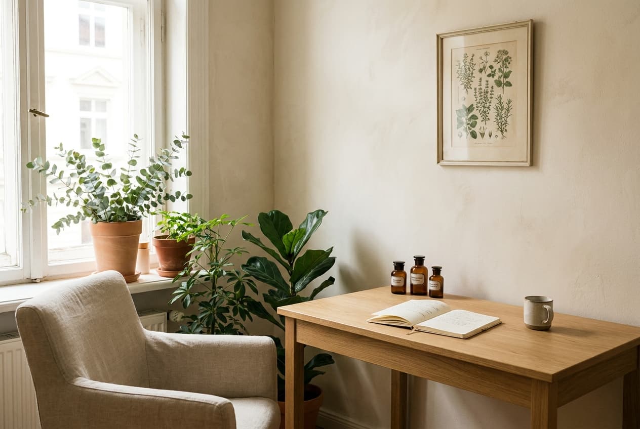 Warmer, ruhiger Behandlungsraum mit Pflanzen und Tageslicht